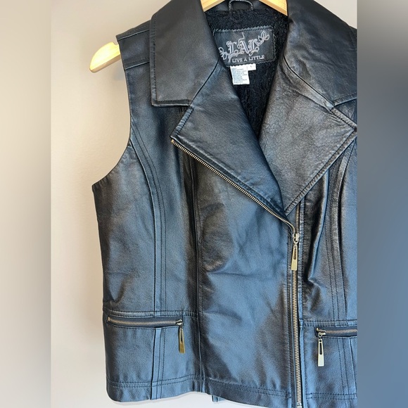 Black Leather Womens Vest Live a Little L 100% leather Zip - Picture 5 of 12